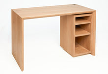 Load image into Gallery viewer, view of the entire cascade desk. Shows mitered edges, beveled front edge, open storage area, and three shelves. 
