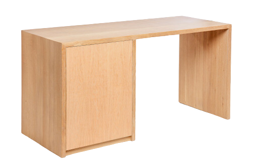 Full view image of the cascade reserve desk in cerused white oak. Shows the mitered edges that connect the legs to the desk top, and the door for the cabinetry portion of the desk desk on the left of the piece. 